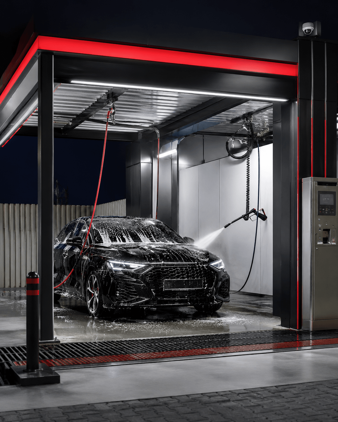 Бесконтактная автомойка самообслуживания 100CARS — пост с пеной, шлангами и платёжным терминалом