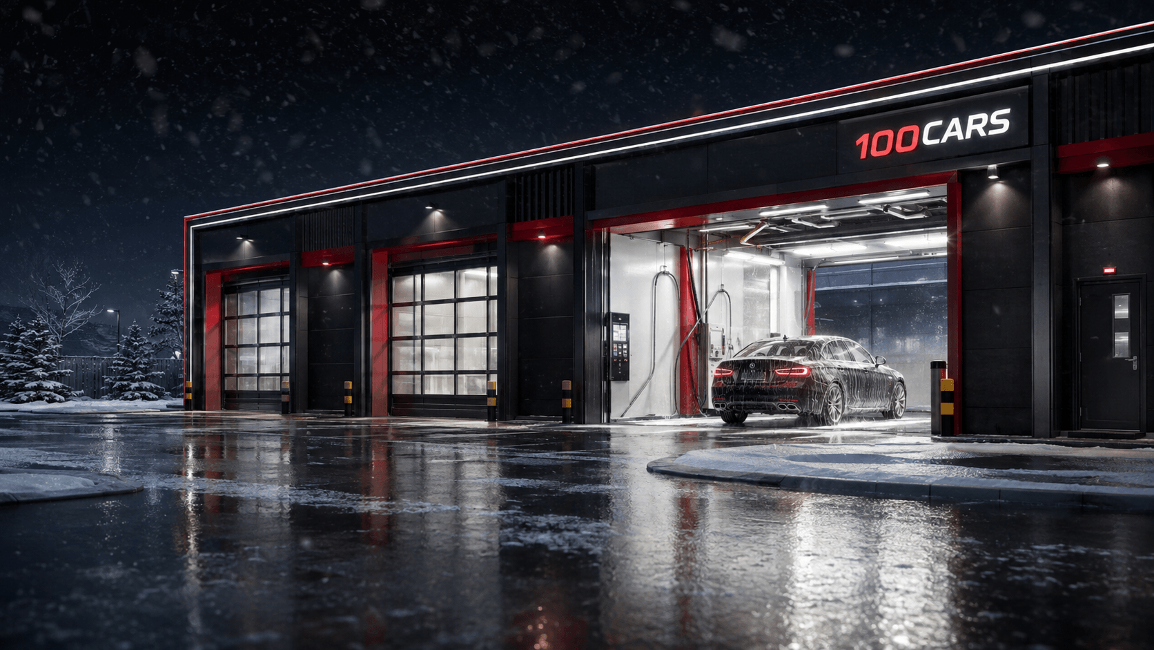 Тёплая автомойка зимой — яркий работающий пост, автомобиль внутри
